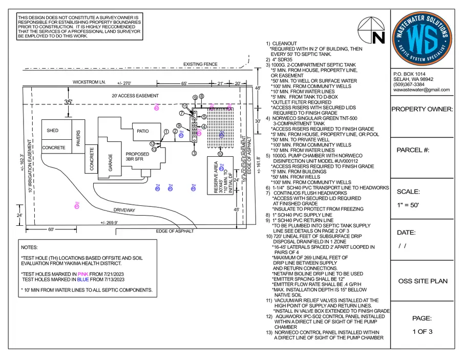 A Washington Wastewater Solutions OSS site plan drawn to 1 inch = 50 feet: house, garage, a 1,000 gallon two-compartment tank, a pump chamber and a subsurface drip drainfield with setback dimensions and test hole locations